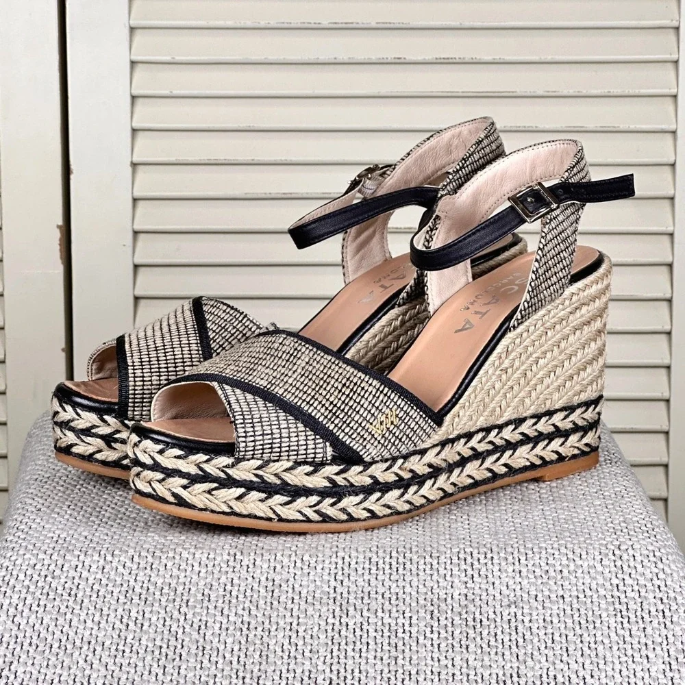 Viscata Barcelona Black Cream Woven Espadrille Platform Wedge Spain 7 US | 38 EU